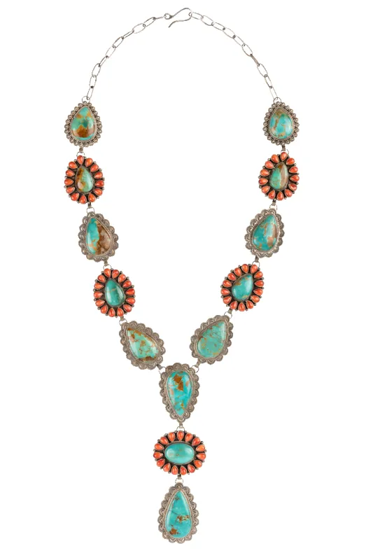 Turquoise and Coral Drop Necklace sold by Pinto Ranch