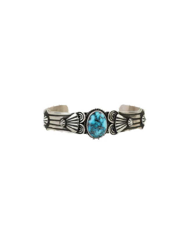 Engraved Kingman Turquoise Cuff Bracelet sold by Pinto Ranch