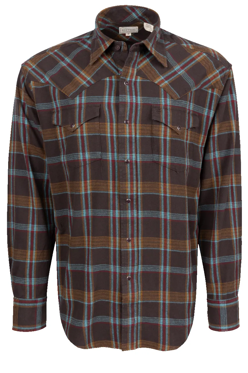 Stetson Men's Twill Flannel Snap Front Shirt - Brown sold by Pinto Ranch