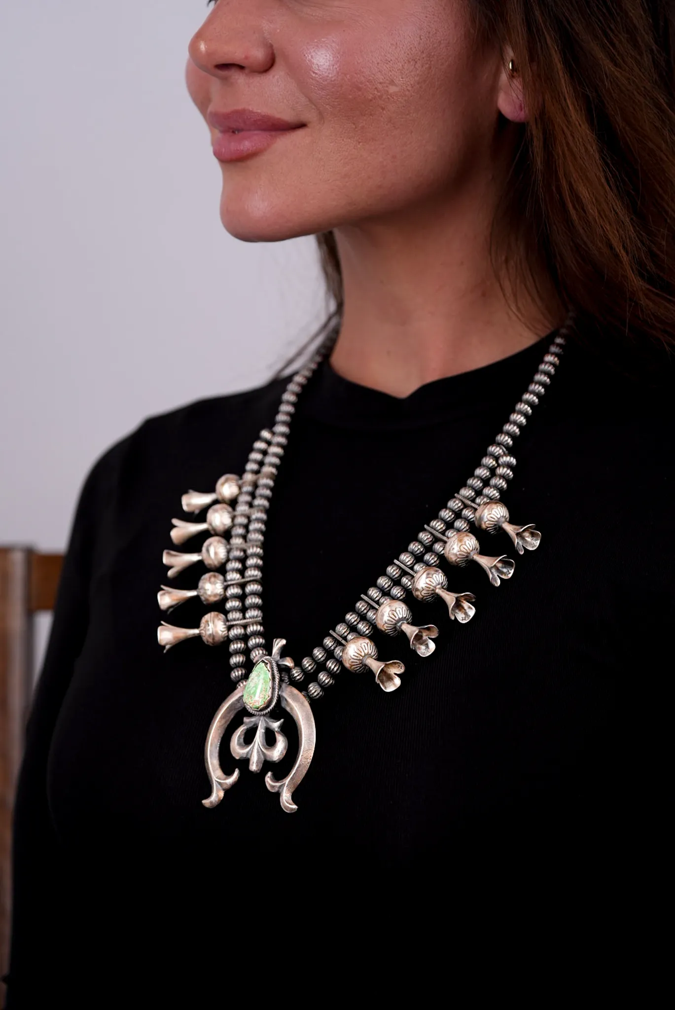 Silver and Turquoise Squash Blossom Necklace sold by Pinto Ranch product image thumbnail 4