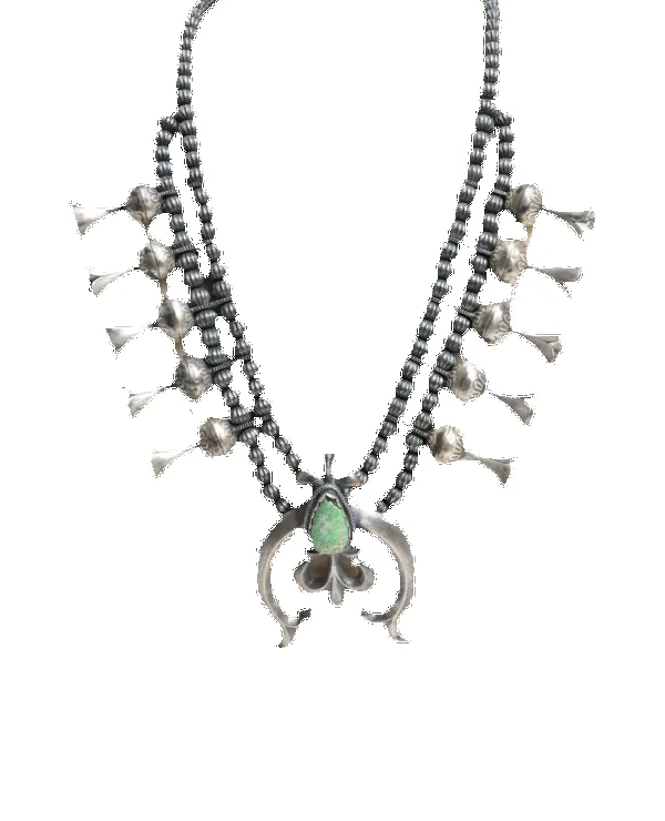 Silver and Turquoise Squash Blossom Necklace sold by Pinto Ranch