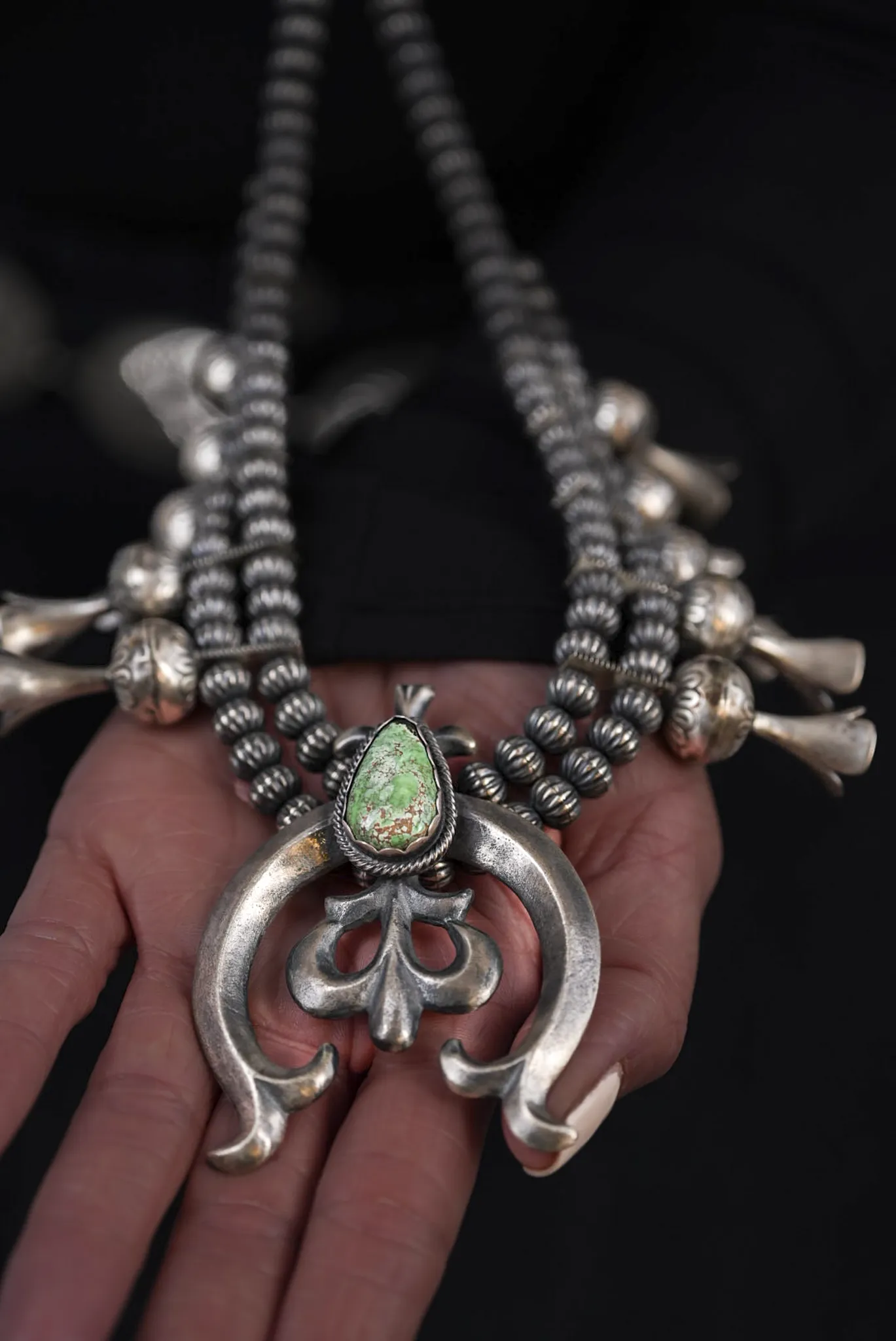 Silver and Turquoise Squash Blossom Necklace sold by Pinto Ranch product image thumbnail 3