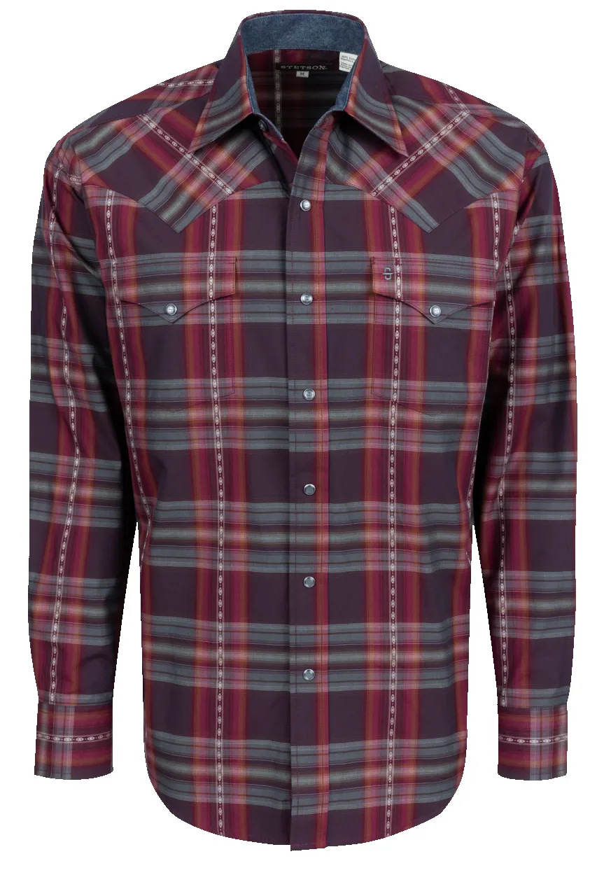 Stetson Men's Plaid Snap Front Shirt - Burgundy sold by Pinto Ranch