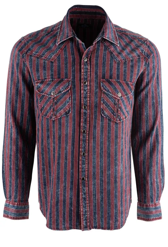 Pinto Ranch YY Collection Red and Indigo Washed Striped Snap Shirt made by Pinto Ranch