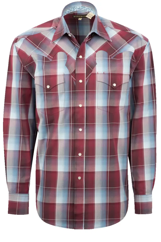 Stetson Men's Buffalo Plaid Pearl Snap Shirt - Wine sold by Pinto Ranch