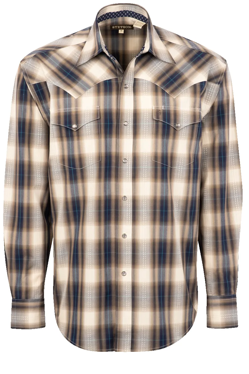 Stetson Men's Dobby Plaid Pearl Snap Shirt - Brown sold by Pinto Ranch