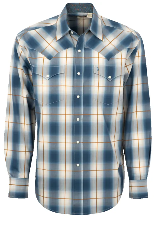 Stetson Men's Ombre Plaid Pearl Snap Shirt - Blue Steel made by Stetson