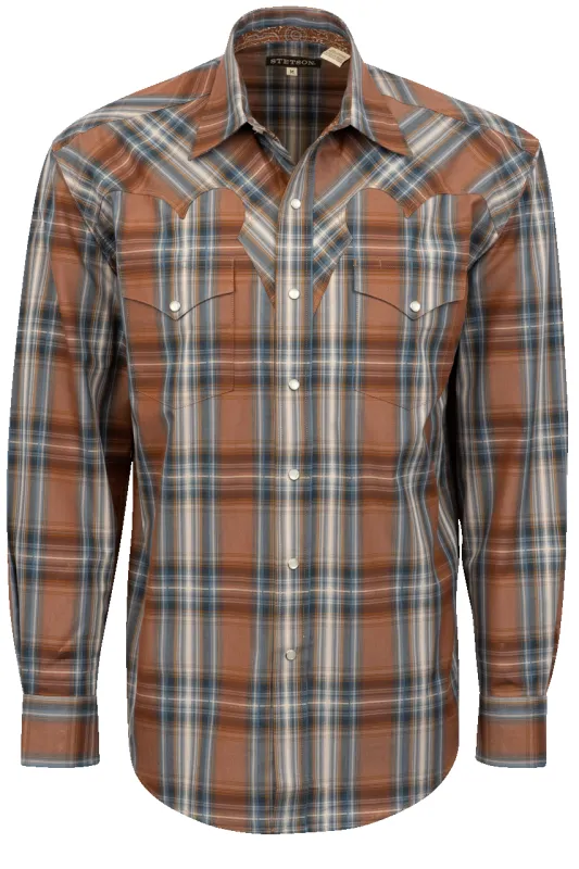 Stetson Men's Rustic Plaid Pearl Snap Shirt - Brown sold by Pinto Ranch