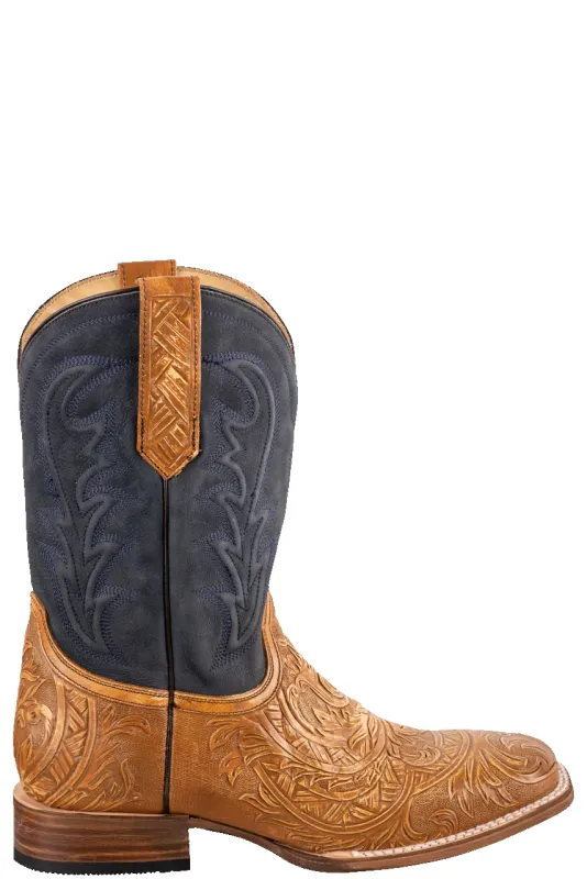 Stetson Men's Goat Handtooled Cowboy Boots - Tan & Blue sold by Pinto Ranch