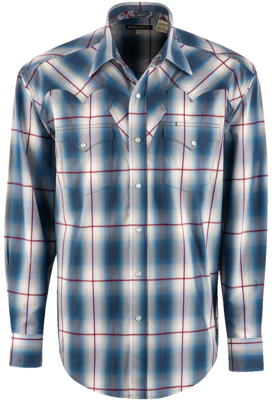 Stetson Ombre Plaid Long Sleeve Pearl Snap Shirt - Blue made by Pinto Ranch