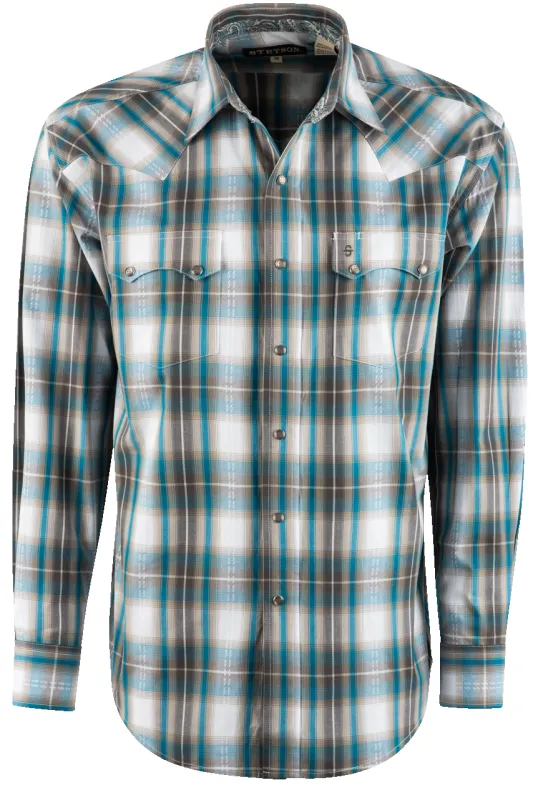Stetson Mallard Plaid Dobby Long Sleeve Pearl Snap Shirt - Brown made by Stetson