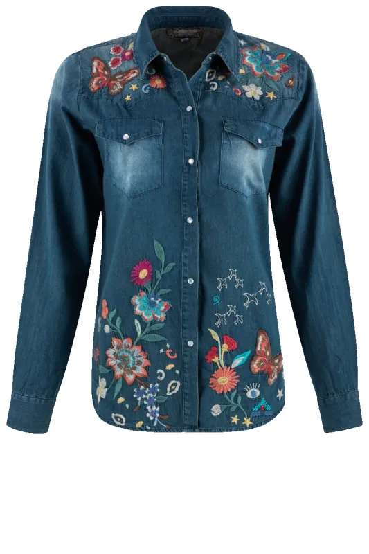 Johnny Was Denim Frayed Western Shirt sold by Pinto Ranch