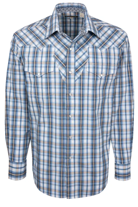 Stetson Men's Plaid Snap Front Shirt - Vintage Blue made by Pinto Ranch