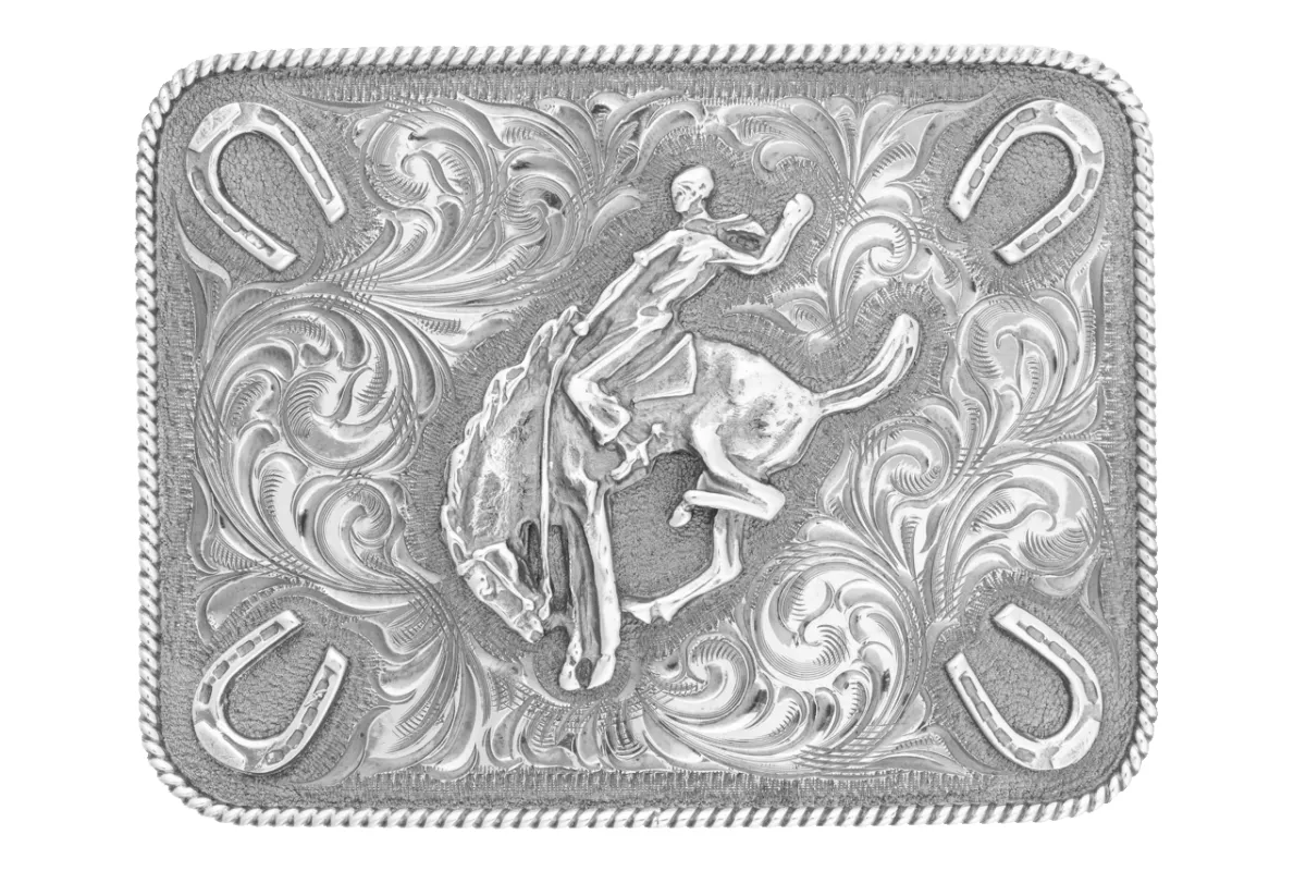 Clint Orms 1.5" Bucking Horse & Horseshoe Belt Buckle made by Pinto Ranch