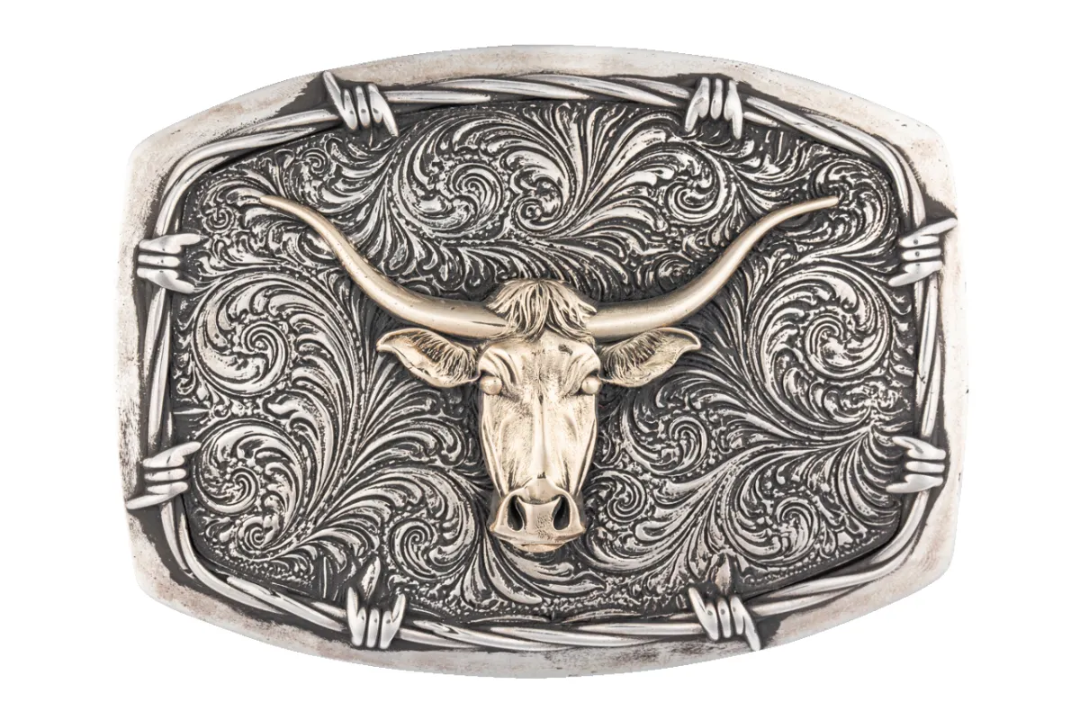 Gold Longhorn Barbed Wire Belt Buckle made by Pinto Ranch
