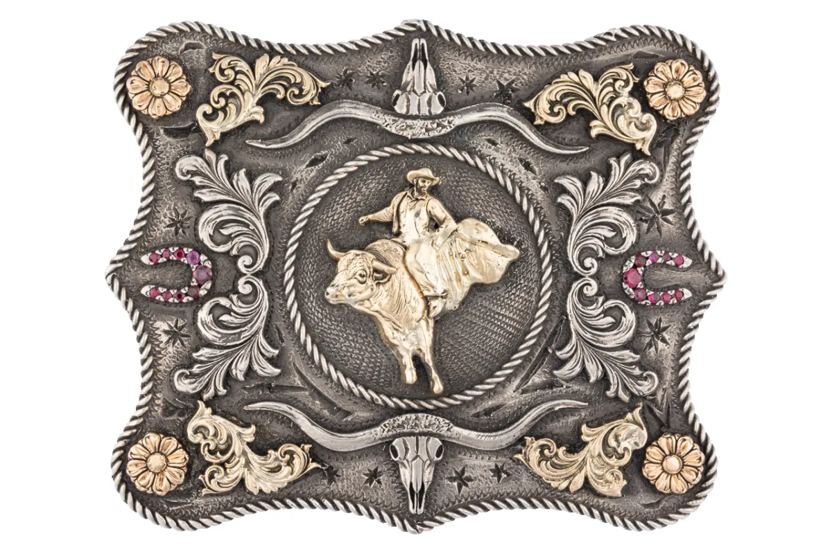 Gold Bull Rider Ruby Horseshoe Belt Buckle made by Pinto Ranch