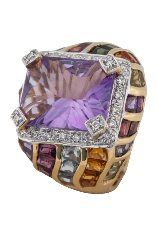 Amethyst & Diamond Halo Multi-Gemstone Ring made by Pinto Ranch