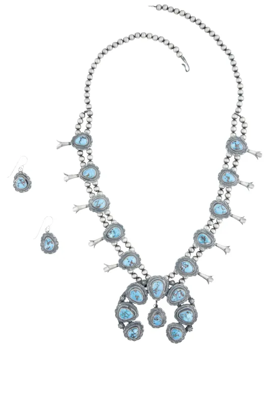 AT42526P-6 Silver TQ Squash Blossom Necklace & Earring Set made by Pinto Ranch