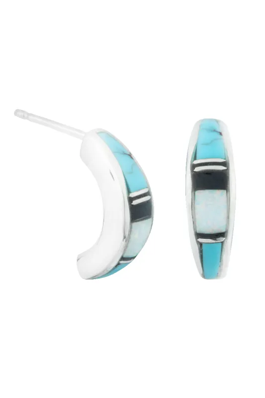 Sterling Silver Turquoise Inlay Semi-Hoop Earrings made by Pinto Ranch