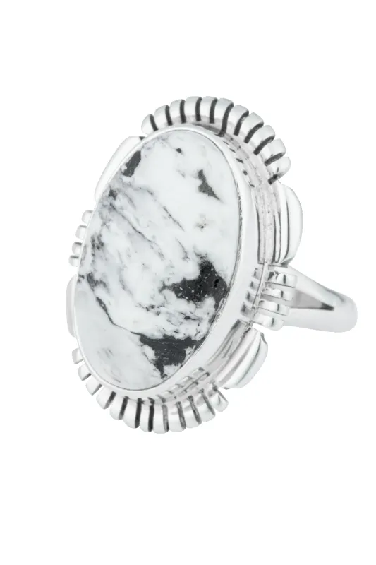 Sterling Silver Oval White Buffalo Ring made by Pinto Ranch