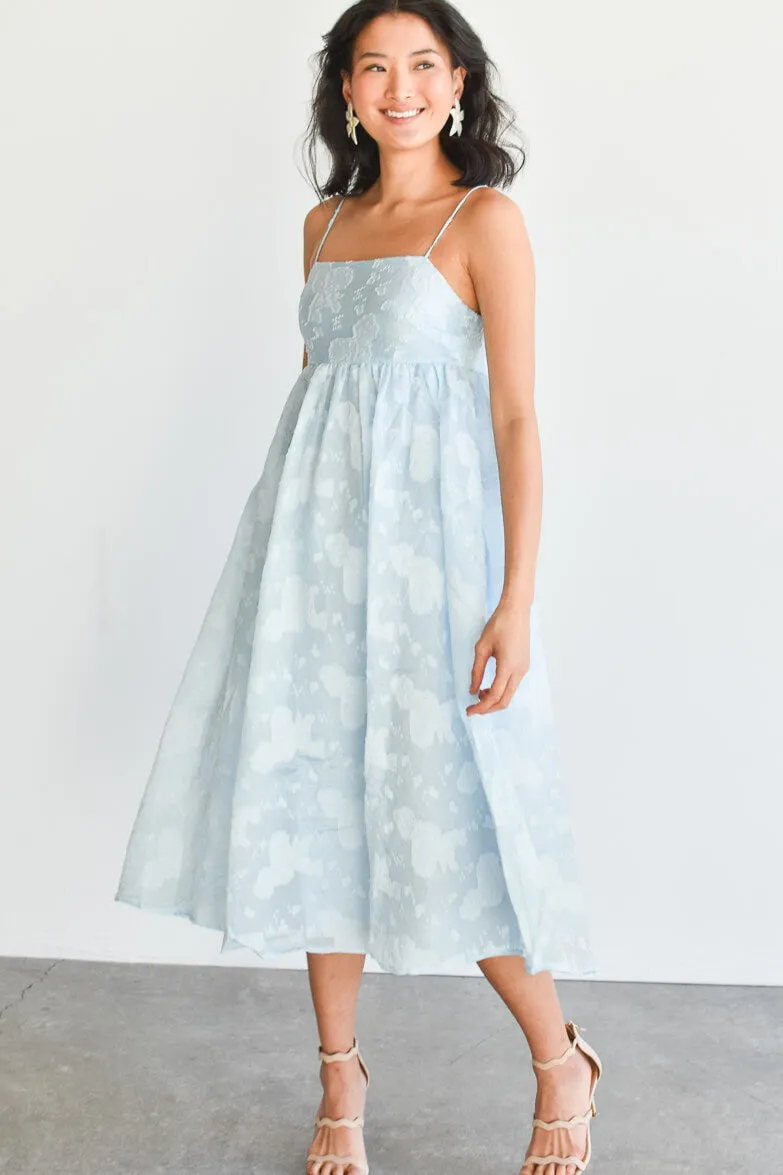 Helena Blue Jacquard Midi Dress sold by Confête