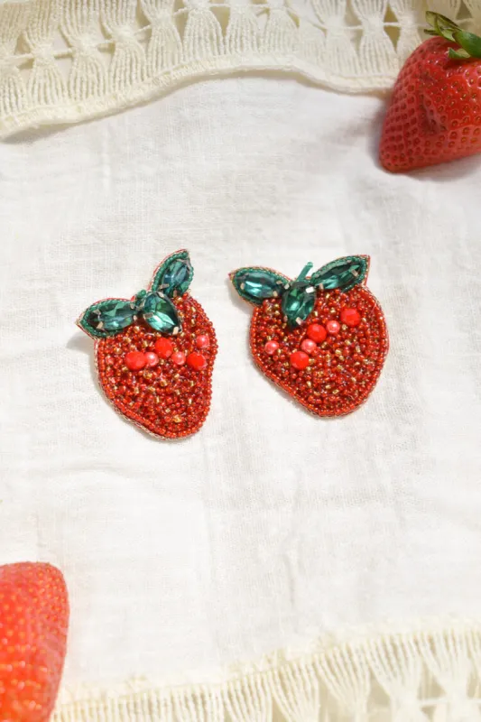 Fresas Beaded Strawberry Stud Earrings sold by Confête
