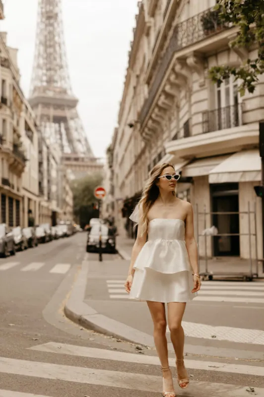 City Lights White Tiered Mini Dress sold by Confête