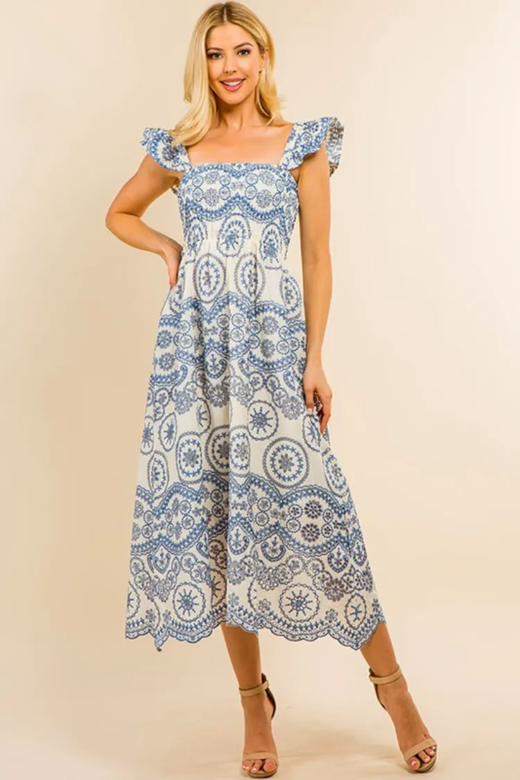 Marisol Blue and White Eyelet Midi Dress sold by Confête product image thumbnail 5