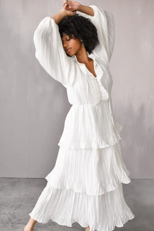 Odette Ruffle Mock Neck Tiered Midi Dress - White - FINAL SALE sold by Confête