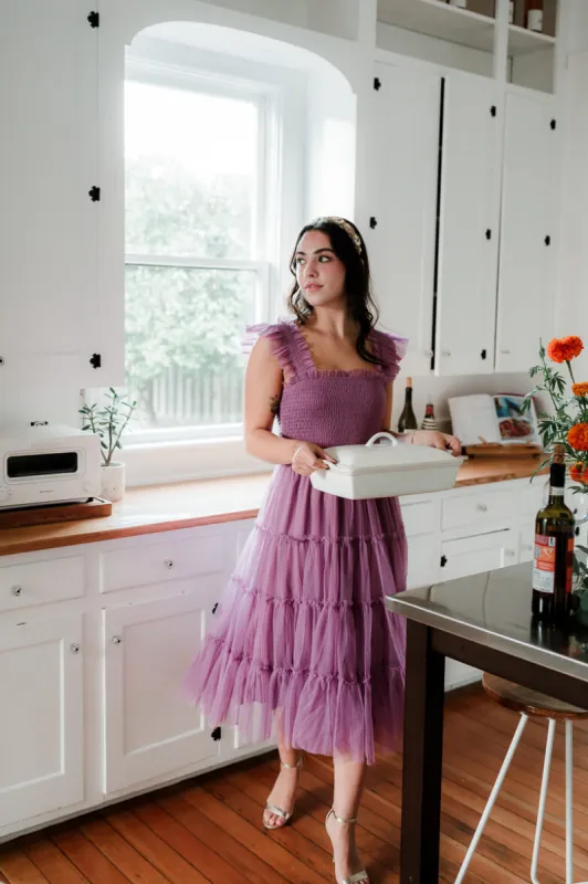 Fiori Short Maroon Tulle Tiered Midi Dress sold by Confête