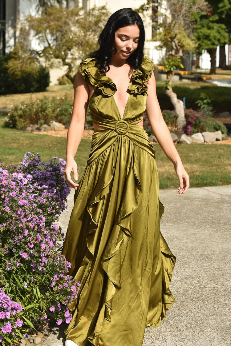 Eva Olive Green Satin Ruffle Maxi Dress sold by Confête product image thumbnail 4