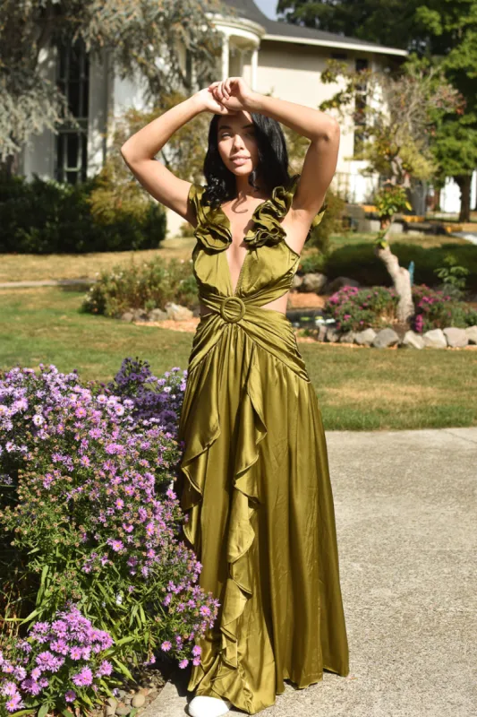 Eva Olive Green Satin Ruffle Maxi Dress sold by Confête