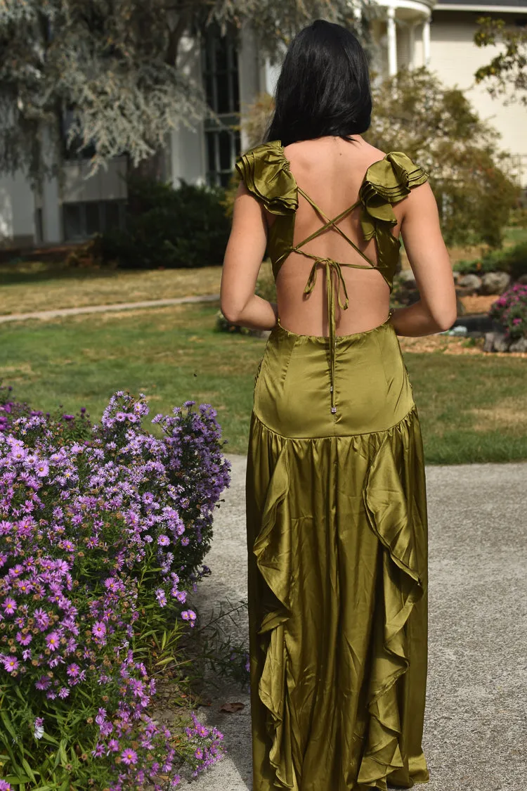 Eva Olive Green Satin Ruffle Maxi Dress sold by Confête product image thumbnail 2
