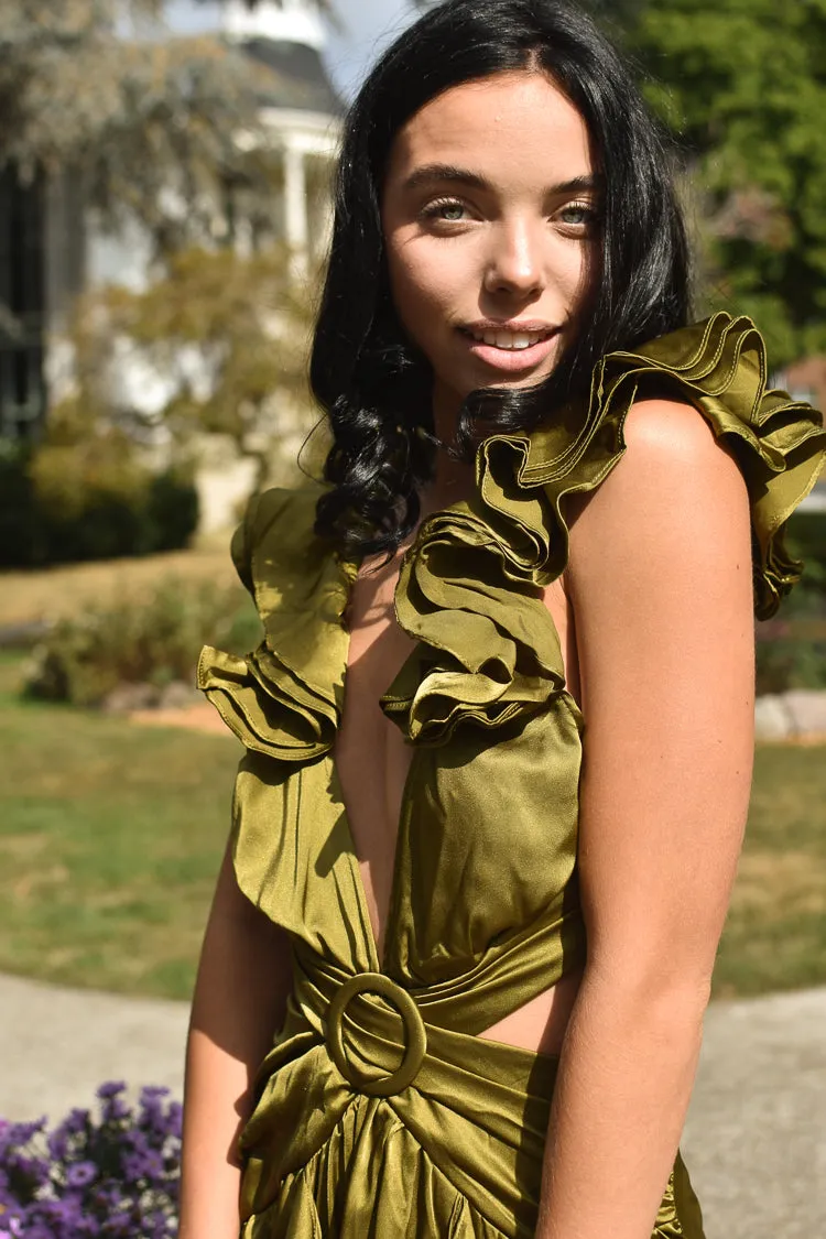 Eva Olive Green Satin Ruffle Maxi Dress sold by Confête product image thumbnail 3
