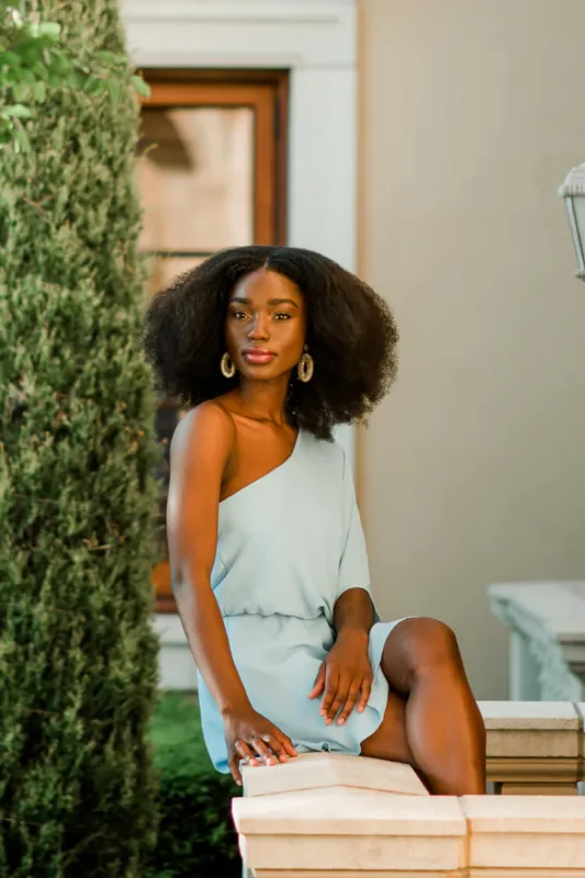 Mykonos One Shoulder Blue Mini Dress sold by Confête