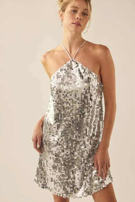 Pippa Silver Sequin Halter Mini Dress sold by Confête