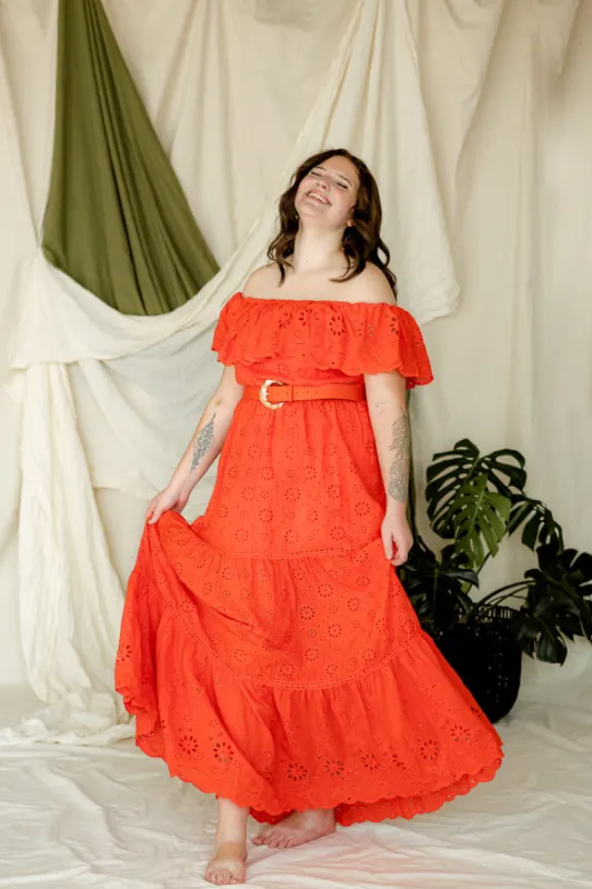 Cecilia Orange Eyelet Maxi Dress sold by Confête