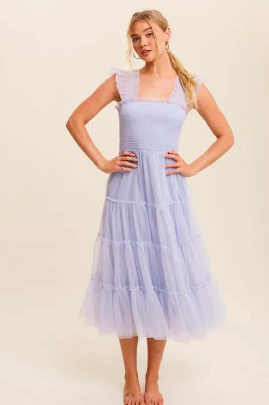 Fiori Short Blue Tulle Tiered Midi Dress sold by Confête