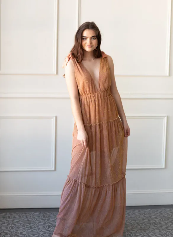 Halle Shoulder Tie Deep V Maxi sold by Confête