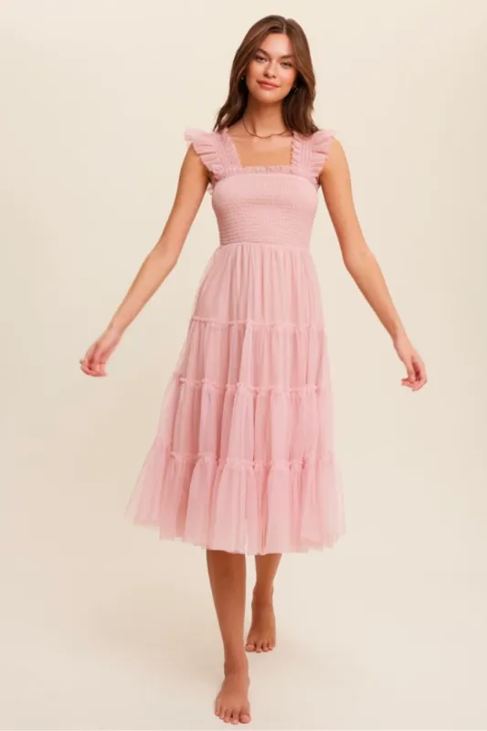 Fiori Short Pink Tulle Tiered Midi Dress sold by Confête