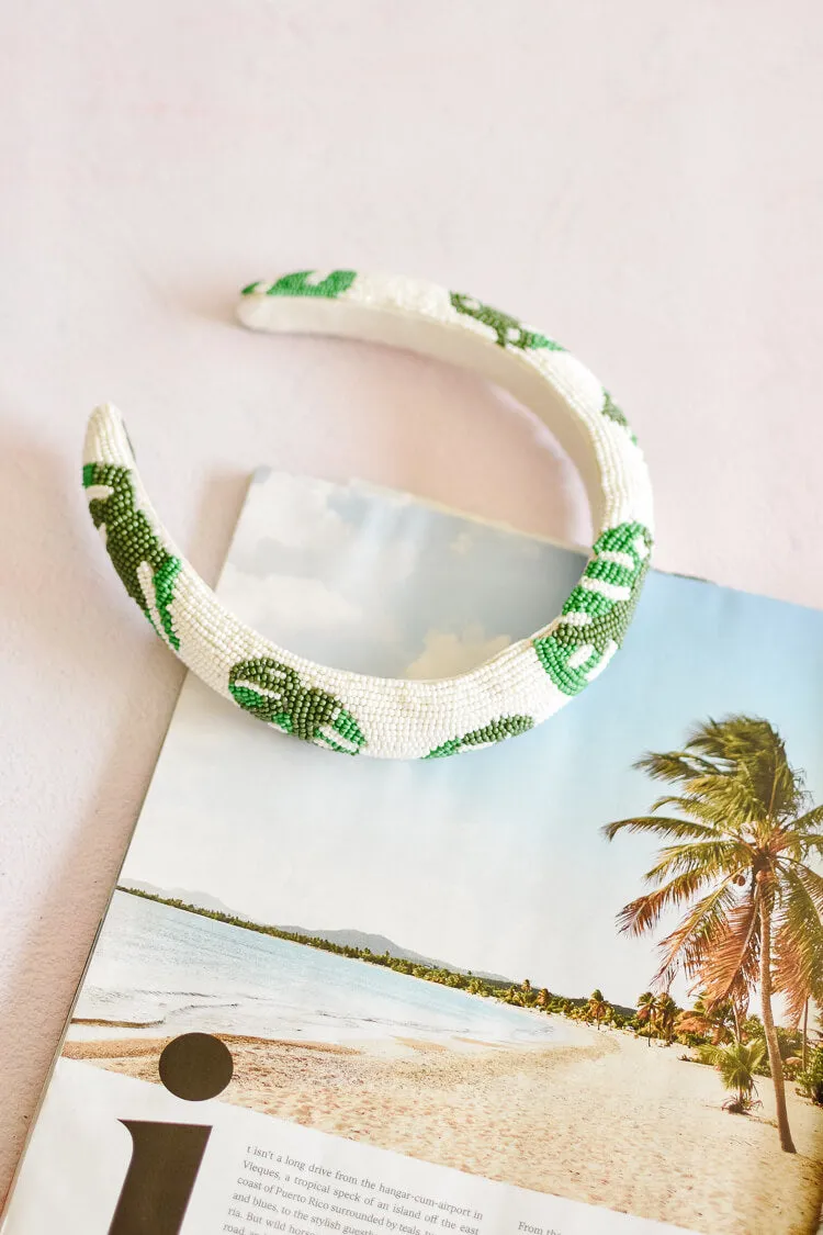 Beaded White and Green Palm Leaf Headband - FINAL SALE sold by Confête