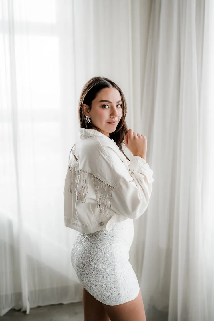 White Distressed Jean Jacket with Rhinestone Fringe sold by Confête product image thumbnail 3