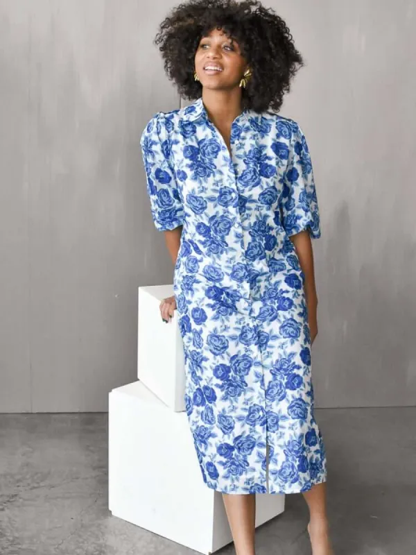 Margot Dress in Blue Tonal Roses - FINAL SALE sold by Confête