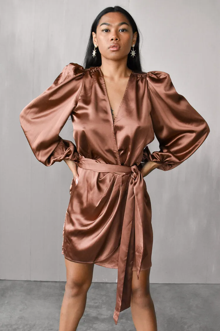 Gal Satin Wrap Mini Dress - Bronze - FINAL SALE sold by Confête
