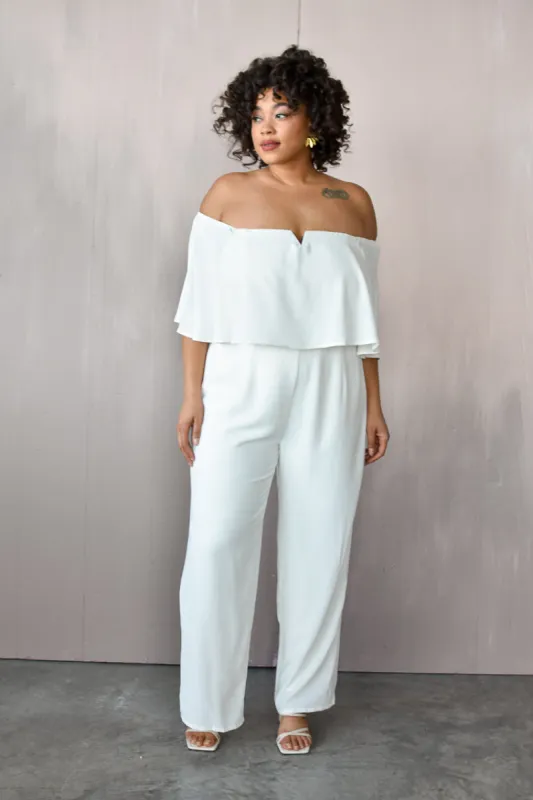 Off the Shoulder White Jumpsuit sold by Confête