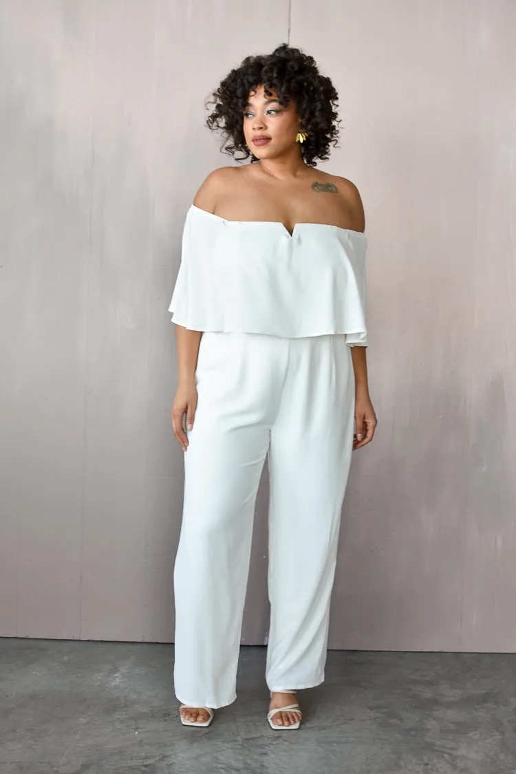 Off the Shoulder White Jumpsuit sold by Confête