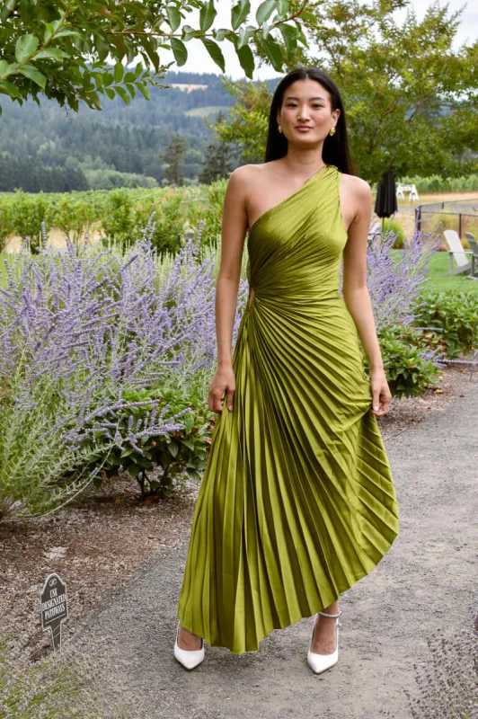 Olympia Olive Green Pleated One Shoulder Gown sold by Confête