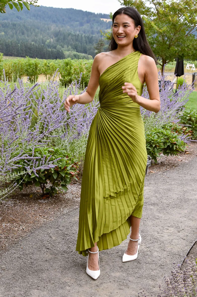 Olympia Olive Green Pleated One Shoulder Gown sold by Confête product image thumbnail 5