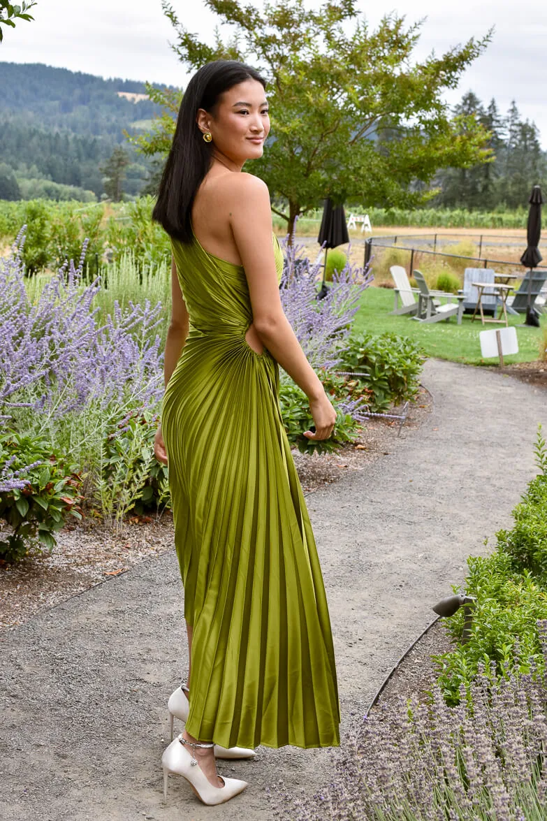 Olympia Olive Green Pleated One Shoulder Gown sold by Confête product image thumbnail 3