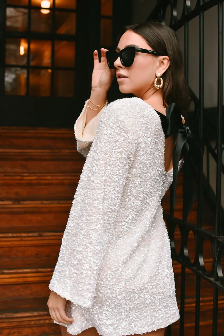Irina White Sequin Mini Dress with Black Bow sold by Confête product image thumbnail 5